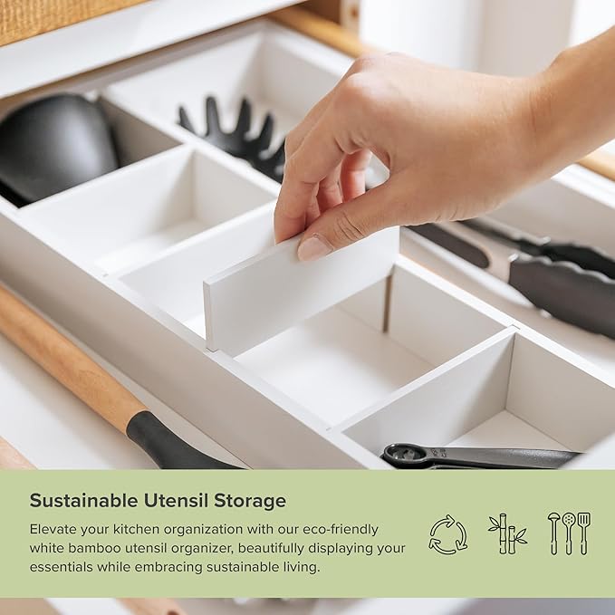 Adjustable Kitchen Drawer Organizer for Utensils and Junk, Food-Safe Contract Grade with 100% Sustainable Wood, Expandable from 16 to 28 Inches Wide - White Bamboo