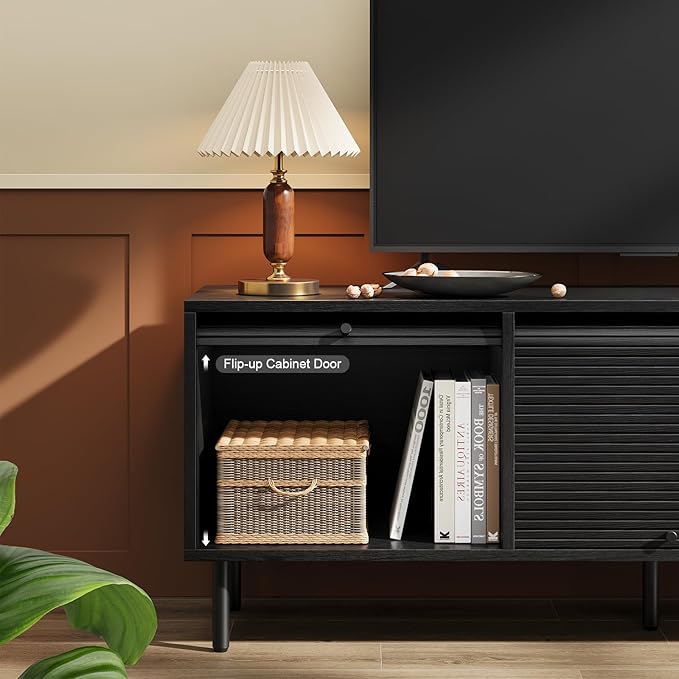 59 Inch TV Stand with Power Outlet for TVs up to 65 Inch, Entertainment Center with Storage, Mid-Century Modern TV Console, Adjustable Shelf & Sliding Doors, TV Stand for Living Room, Bedroom, Black