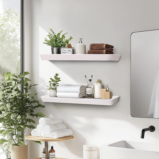 24"x6.8"x1.6" Slanted Floating Wall Shelves 2-Pack - Rustic White Finish, Heavy-Duty Solid Wood Design with Hidden Brackets - Perfect for Living Room, Kitchen, Bathroom, or Office