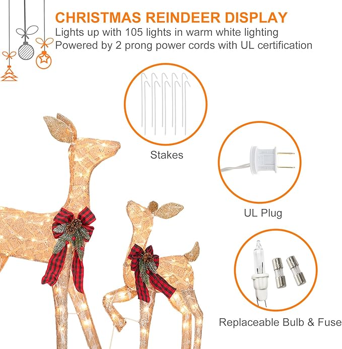 2 Pcs Reindeer Christmas Decoration, Xmas Lighted Golden Shimmering Doe and Fawn Display Set with 105 Warm White Lights for Yard Lawn Indoor Outdoor