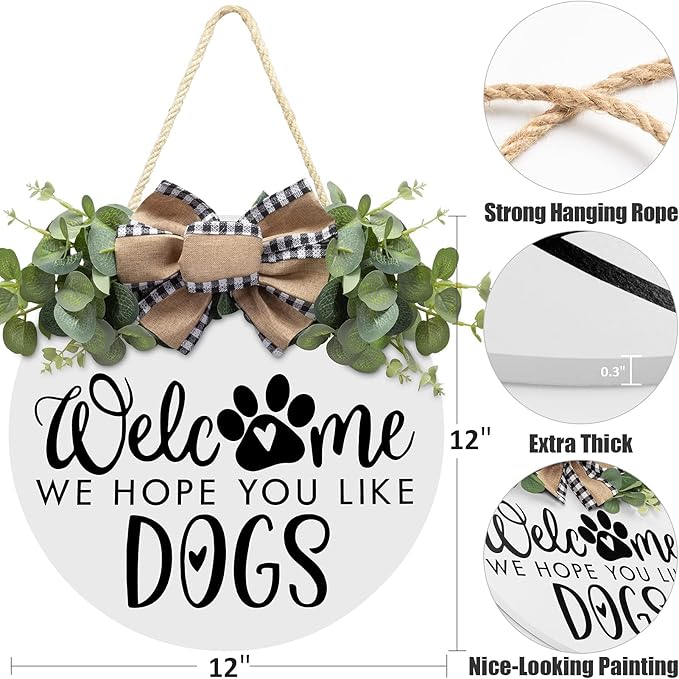 Asoulin Welcome Wreath 'We Hope You Like Dogs' Spring Decor Farmhouse Door Sign for Front Door Decor - Welcome Wreath Hanging Sign for Dogs Lovers Housewarming Gift
