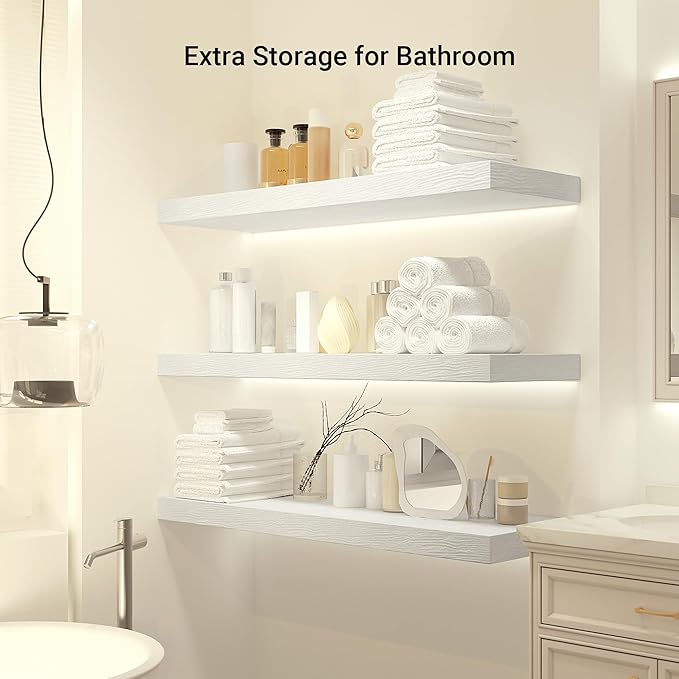 Heimlove 12" Deep Floating Shelves, 36 x 12 Inch Wall Mounted Long Floating Shelf with Invisible Brackets, for Home Decor, Bedroom, Kitchen, Living Room, Bathroom - 1 Pack, White