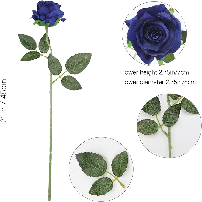 Blue Fake Roses Artificial Flowers - 16 Pcs Fake Artificial Roses Silk Flowers with Stems for Home Wedding Hotel Office Centerpiece Decor（Navy Blue）