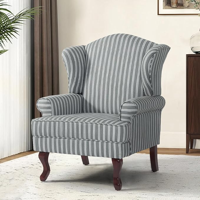 Accent Chair, High Back Upholstered Armchair with High Resilience Sponge & Wood Legs, Mid-Century Modern Comfy Single Sofa Reading Chairs for Living Room, Bedroom (Stripe Grey, Set of 1)