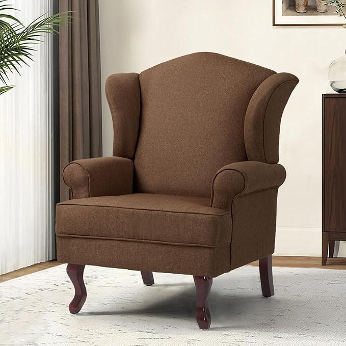Accent Chair, High Back Upholstered Armchair with High Resilience Sponge & Wood Legs, Mid-Century Modern Comfy Single Sofa Reading Chairs for Living Room, Bedroom (Brown, Set of 1)