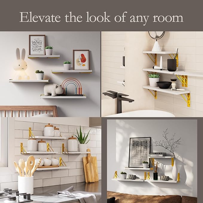 BAYKA Wall Shelves for Bedroom Decor, Floating Wall Shelves for Living Room Kitchen Storage, Wall Mounted Rustic Wood Shelves for Kids Books, Corner Shelf for Bathroom(White and Gold，Set of 4)