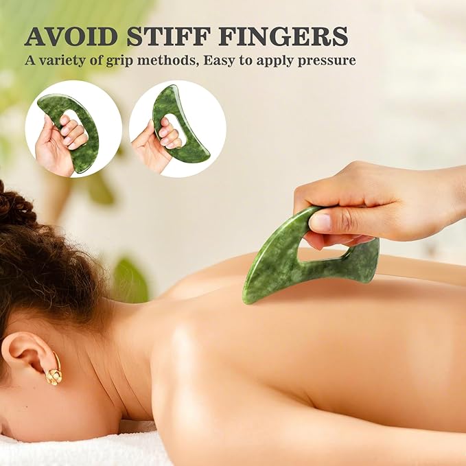 2 in 1 Jade Stone Gua Sha Massage Tool, Large Guasha Muscle Scraper Tools Set with Handle Muscle Scraping Massage Tools Anti Cellulite Spa Acupuncture Tools for Back Neck Leg Lymphatic Drainage