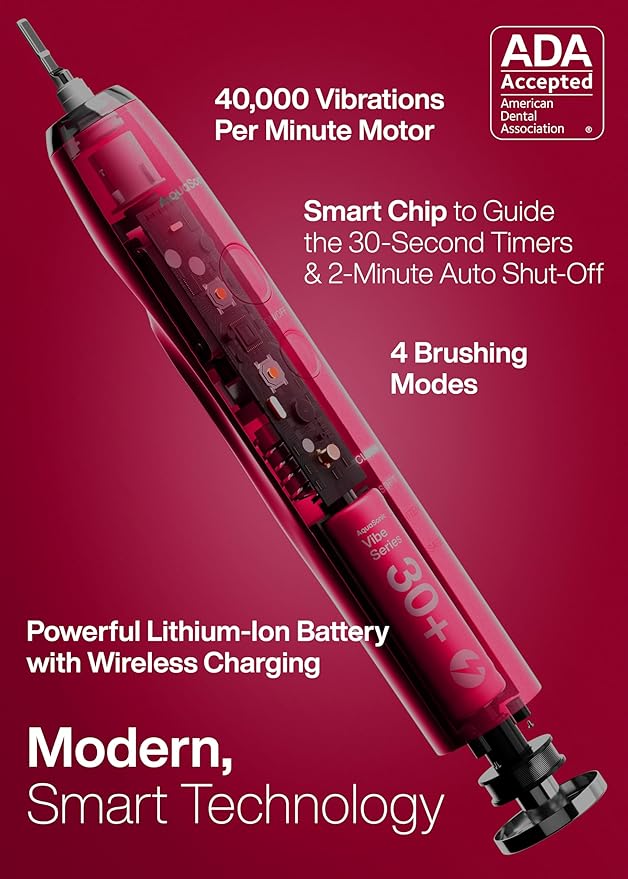 Aquasonic Vibe Series Ultra-Whitening Toothbrush – ADA Accepted Electric Toothbrush - 8 Brush Heads & Travel Case – 40,000 VPM Motor & Wireless Charging - 4 Modes w Smart Timer – Ruby