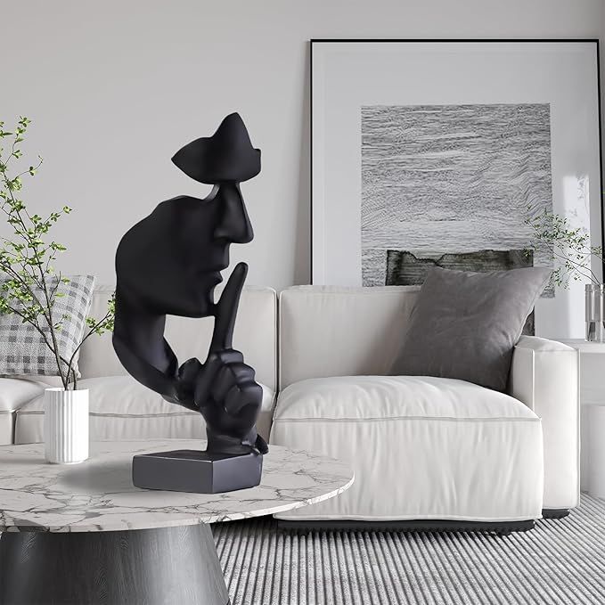 aboxoo Thinker Statue, Silence is Gold Abstract Art Figurine, Modern Home Resin Sculptures Decorative Objects Piano Desktop Decor for Creative Room Home, Office Study Decor (Large Black)