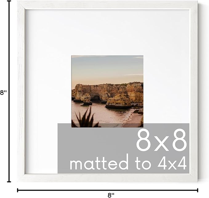 HAUS AND HUES Solid Oak 8"x8" Picture Frame Matted to 4"x4" - 8x8 Square White Picture Frames, Square Picture Frame Wood, 8 x 8 Picture Frames with Mat, White Poster Frames with Matting