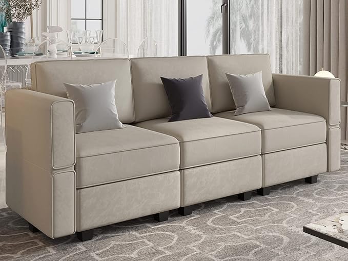 Belffin Modular Sofa Couch with Storage Seats Velvet 3 Seater Sofa for Living Room Grey