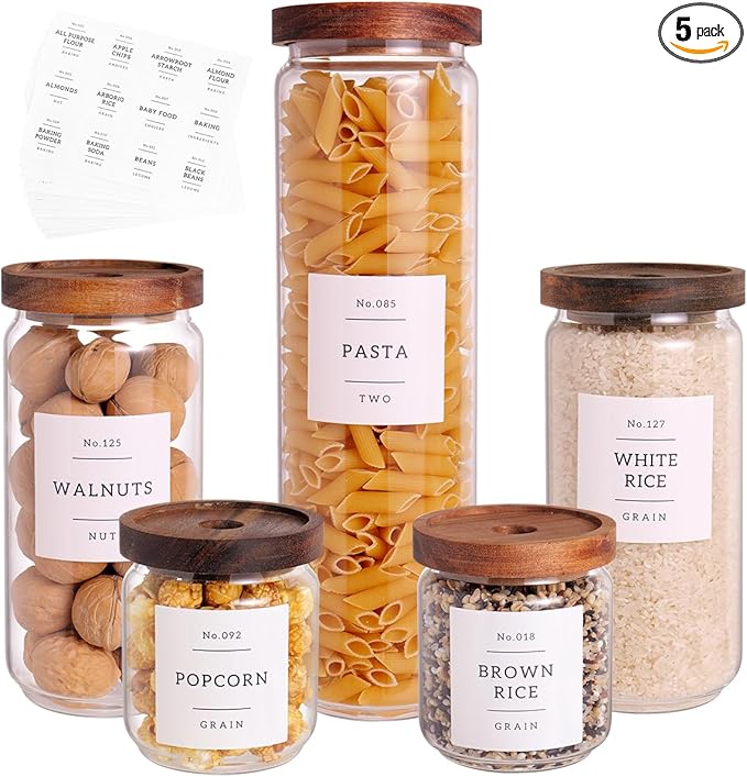 5 Set Glass Pantry Storage Jars with Acacia Airtight Lid - Thicken Glass Kitchen Canisters with 132 Pantry Labels - Clear Glass Food Storage Containers with Wood Lid for Tea,Sugar,Candy,Cookie,Pasta