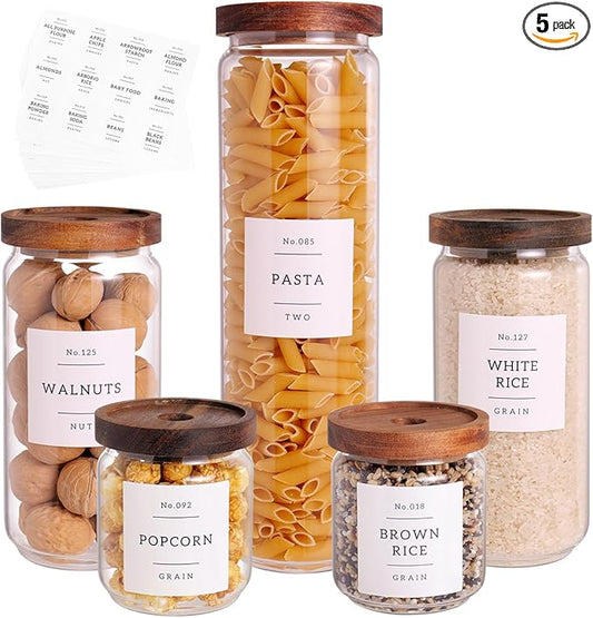5 Set Glass Pantry Storage Jars with Acacia Airtight Lid - Thicken Glass Kitchen Canisters with 132 Pantry Labels - Clear Glass Food Storage Containers with Wood Lid for Tea,Sugar,Candy,Cookie,Pasta