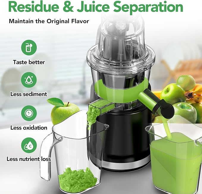 Aeitto Cold Press Juicer with Large Feed Chute, Large Capacity, Juicer Machines for Fruits and Vegetables, Slow Masticating Juicer Self Feeding, Easy to Clean, High Juice Yield