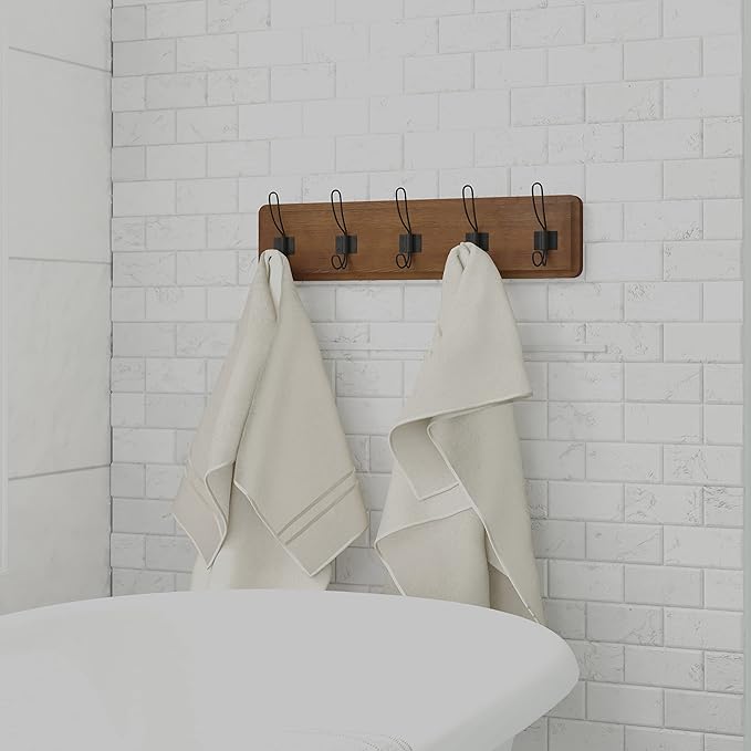 HBCY Creations Dark Wash Brown Rustic Coat Rack Wall Mount with 5 Hooks, Solid Pine Wood 24 inch Wall Hooks for Entryway, Mudroom, Hallway, Bathroom - Vintage Farmhouse Style Wall Mounted Towel Rack