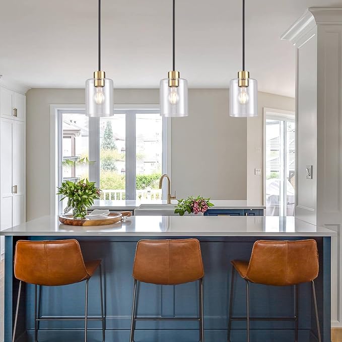 Black Brass Pendant Lights Kitchen Island - Clear Glass Pendant Light Fixture Multiple Stems Rods 3 Units 12 Inch 3 Units 4 Inch (2 Pack Black Brass Downrod)