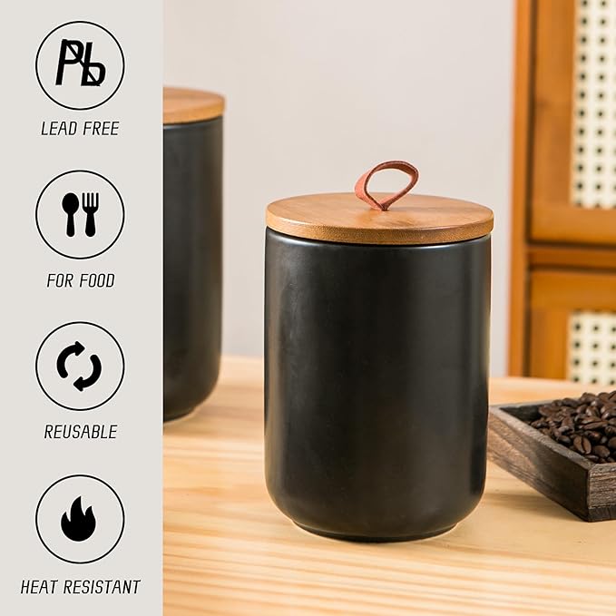 Black Ceramic Canister Set, 3pcs Ceramic Kitchen Canisters for Countertop with Airtight Wood Lids, Large Flour and Sugar Containers for Coffee, Tea, Spice
