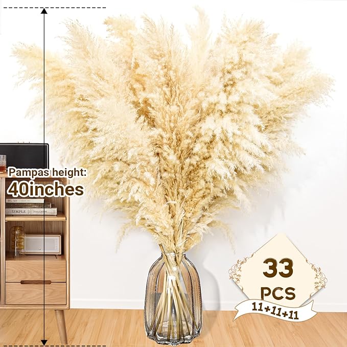 40" 33PCS Dried Pampas Grass Decor Tall,Large Natural Beige pompas Grass Tall Pampas Grass for Floor Vase,Wedding,Party,Farmhouse,Boho Home Decor,and Creating a Bohemian Ambiance