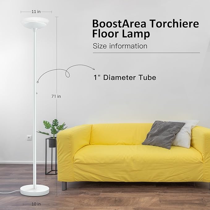 BoostArea Torchiere Floor Lamp, 24W Super Bright LED Standing Lamp, Stepless Dimmable Pole Lamp with 3000K Lighting, Glass Lampshade, 71Inch Tall Metal Modern Floor lamps for Living Room/Bedroom White