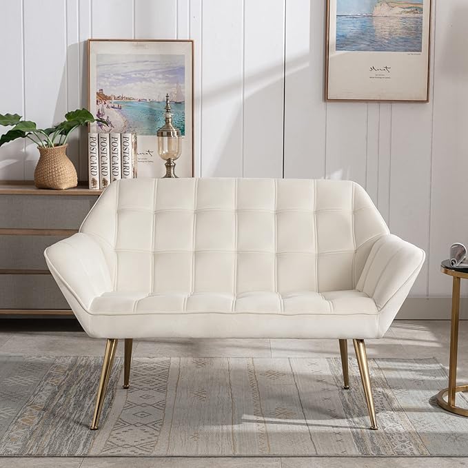 48" Small Loveseat for Small Spaces, Modern Sherpa Mini Sofa Couch 2-Seater Velvet Love Seat with Quilting Back and Gold Legs for Living Room/Bedroom, Cream