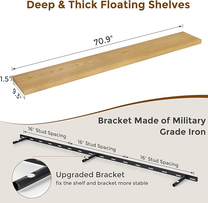 72 Inch Floating Shelves, 72 x 9 Rustic Wooden Fireplace Mantel, 9 Inch Floating Shelf for Wall, Farmhouse Wall Shelves for Home Storage & Display, Oak Color, Set of 1