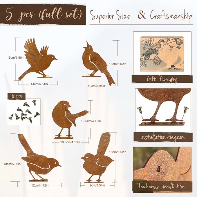 5PCS Rusty Birds Decoration,Outdoor Bird Wall Decor,Metal Birds Yard Decor, Metal Birds Craft Statue Ornaments - Garden Sculptures and Yard Art, Fence Decorations Outdoor,Rustic Garden Decor