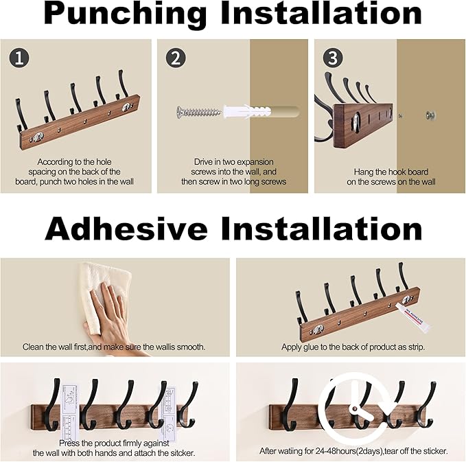 17.3" Small Wooden Coat Rack Wall Mount with 5 Hooks, Entryway Wall Hooks Coat Hanger for Hanging Towel Jacket Clothes Hat Backpack Shoe Purse Key Holder Multi Hook Rail by Black Walnut Wood