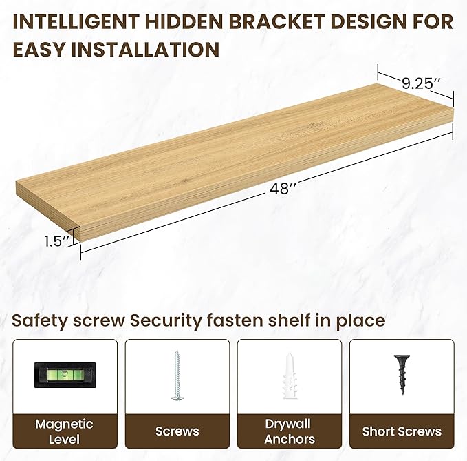 48 Inch Floating Shelves, 12 Inch Deep Floating Shelves for Wall, Large Floating Shelf with Invisible Brackets, Deep Shelves for Bathroom, Bedroom, Living Room, 1 Pack, Natural
