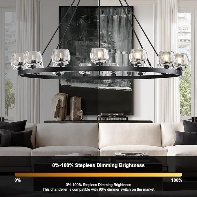 Black Wagon Wheel Chandelier, 59 Inch Black Chandeliers with Unique Glass Shade, 15-Light Crystal Large Wagon Wheel Chandeliers for Dining Room, High Ceiling Round Chandelier for Living Room, Foyer