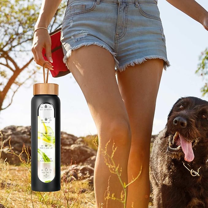 Aqulea Glass Water Bottles 25 Oz with Silicone Sleeve - BPA Free Reusable Wide Mouth Glass Motivational Water Bottles with Fruit Infuser – Leak Proof Borosilicate Water Bottle with Time Marker (Black)