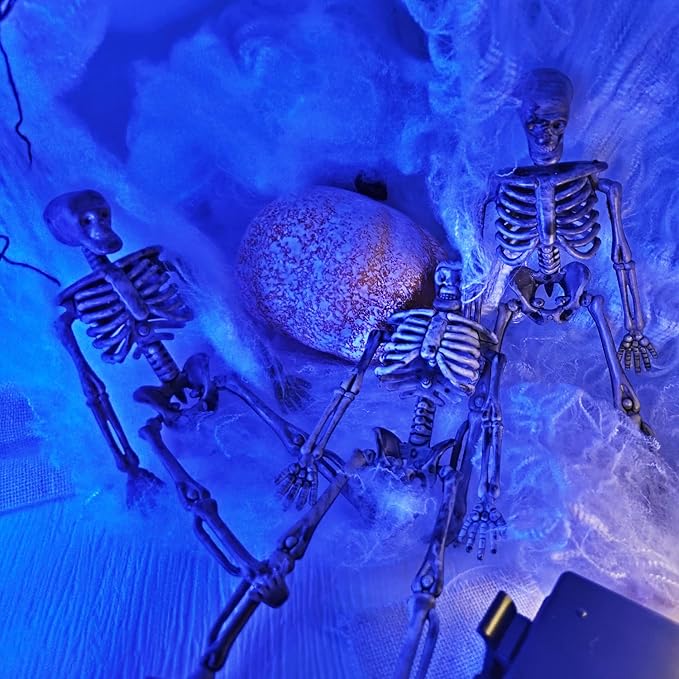 16 Pcs mini skeleton halloween decoration With hemp rope，6”small plastic posable halloween tiny skeleton figurines decor for Halloween Indoor Outdoor Graveyard Decor Haunted House Party Favors