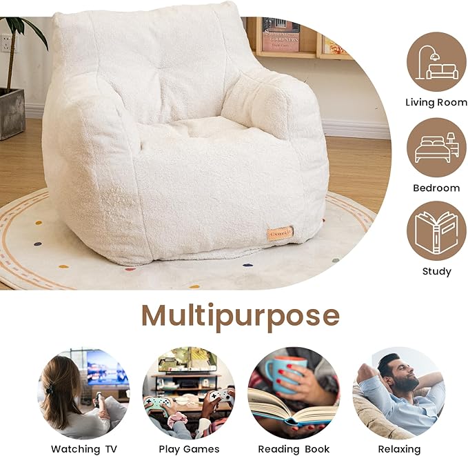 Bean Bag Chair with Filler, Bean Bag Sofa with Tufted Soft Stuffed Filling, Fluffy and Lazy Sofa, Comfy Cozy BeanBag Chairs with Memory Foam for Dorm, Apartment, Living Room (White)