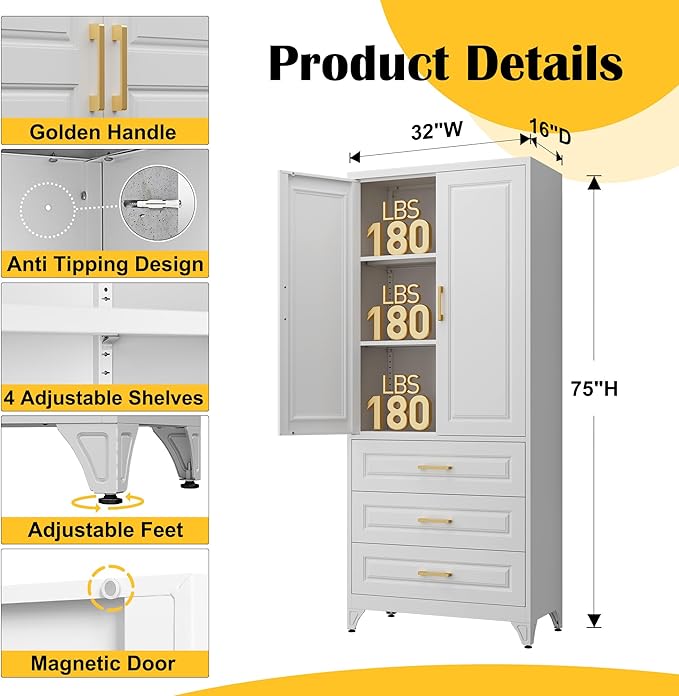 75" Kitchen Pantry Cabinet with 3 Drawer,Metal Storage Cabinets with Doors and 4 Adjustable Shelves,White Kitchen Cabinet with 2 Gold Handles,Food Cupboard for Livingroom,Pantry, Bathroom