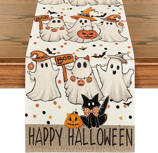 Artoid Mode Beige Ghost Jack-O'-Lantern Black Cat Halloween Table Runner,Holiday Kitchen Dining Table Decoration for Home Party Decor 13 x 36 Inch