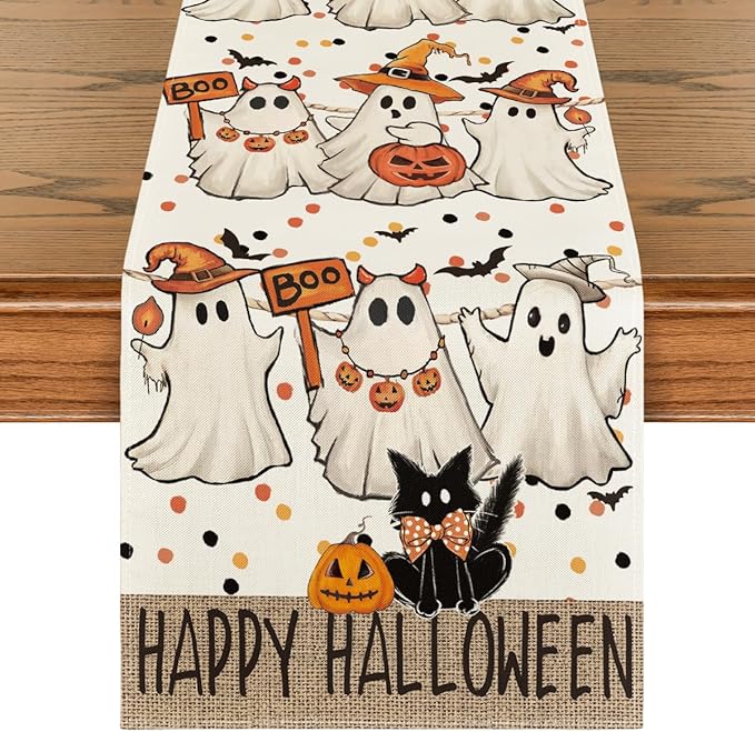 Artoid Mode Beige Ghost Jack-O'-Lantern Black Cat Halloween Table Runner,Holiday Kitchen Dining Table Decoration for Home Party Decor 13 x 48 Inch