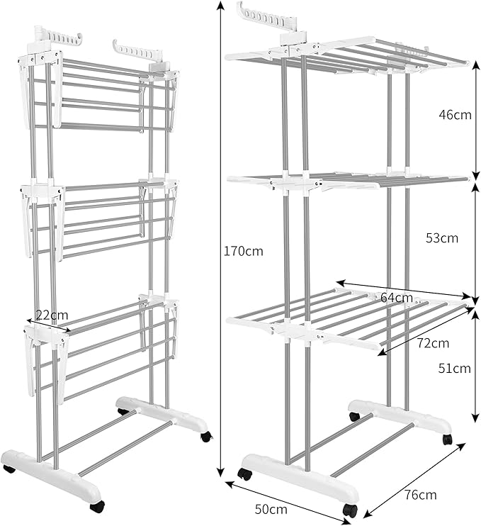 Bigzzia Clothes Drying Rack, Folding Stainless Steel Drying Rack Clothing Indoor Outdoor, Space-Saving, 4 Tier Laundry Drying Rack with Two Side Wings -Grey White