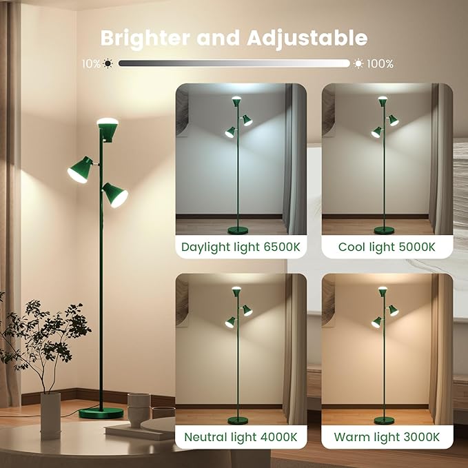 36W LED Tree Floor Lamp, Dimmable Tall Standing Lamp with Remote & Touch Control, 4 Color Temperatures Bright Floor Lamp, 3 Rotatable Light Modern Floor Lamps (Green)
