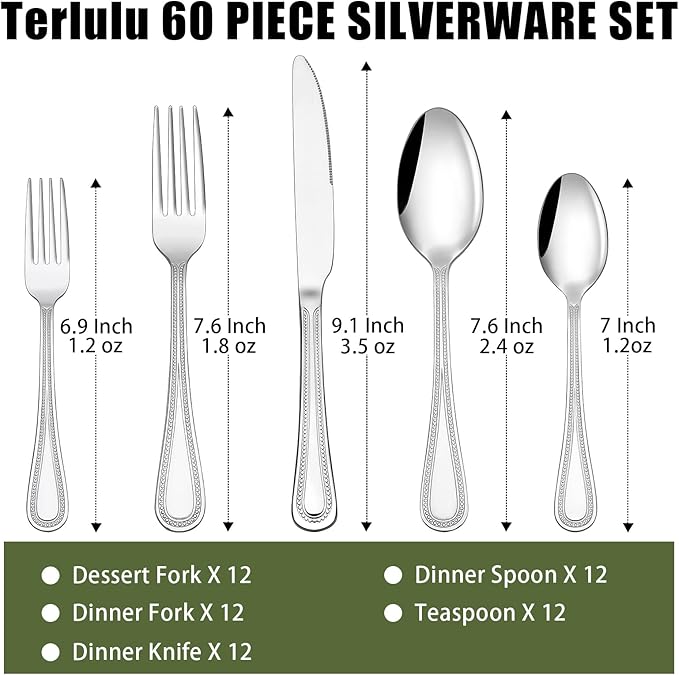 60-Piece Silverware Set for 12, Stainless Steel Flatware, Mirror Polished Cutlery Set, Utensils Include Spoons, Forks, Knives for Home, Restaurant, Beaded Handle, Dishwasher Safe