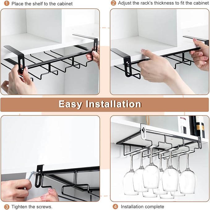 AUHOKY 2Pcs Adjustable Wine Glass Rack Under Cabinet, Punch-Free 3 Rows Stemware Metal Holder, Hanging Glass Storage Hanger Organizer for Shelf Kitchen Bar Decor (3 Rows, Black)