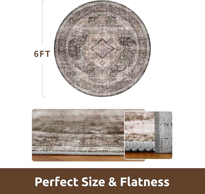 AMOAMI-6FT Round Rug-Rugs for Living Room-Vintage Soft Brick/Brown Rugs for Bedroom-Non Slip Circle Rug-Machine Washable Rug for Dining Room Living Room Bedroom Office Under Table