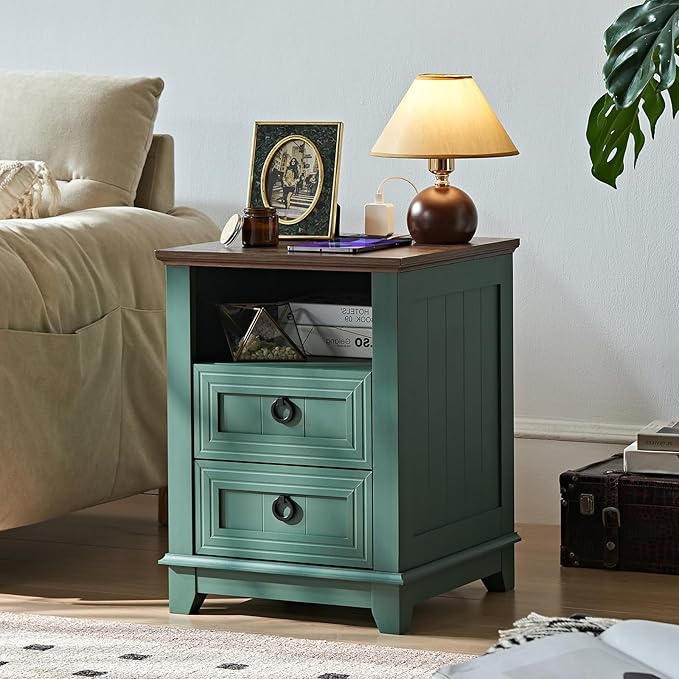 18" Farmhouse Night Stands Set of 2 with Charging Station, 2 Drawers Bedside End Table, Green Wooden Nightstand, Bed Side Table Cabinet with Open Shelf for Bedroom Living Room Office