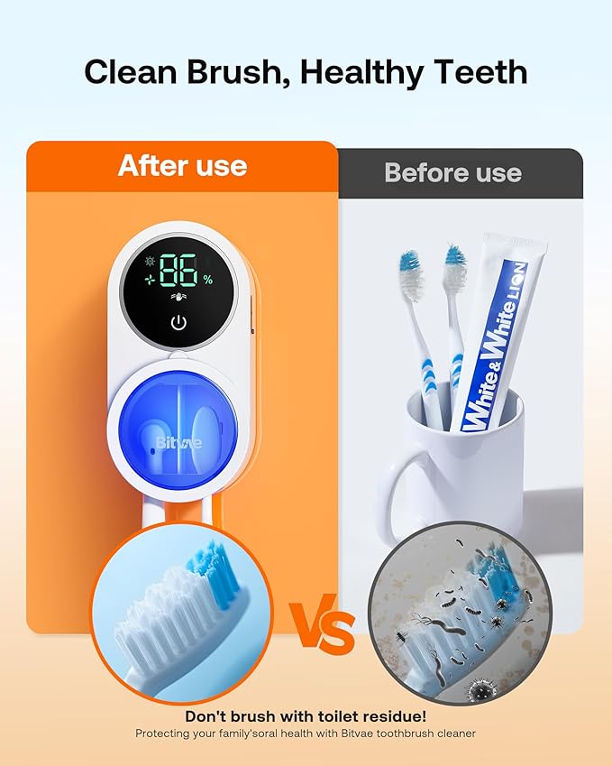 Bitvae Toothbrush Cleaner & Toothbrush Holder, Cleaning and Air Drying, LED Smart Screen, Rechargeable Wall Mount Toothbrush Holder for Bathrooms