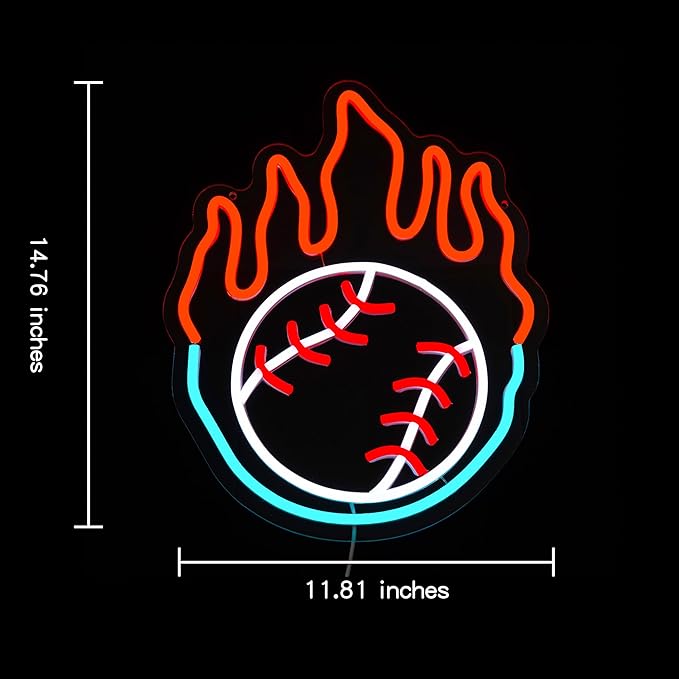 Baseball Neon Sign for Wall Decor Dimmable Baseball On Fire Neon Light Colorful LED Neon Light Sport Neon Signs USB Powered Neon Sign for Bedroom Field Club Man Cave Decoration