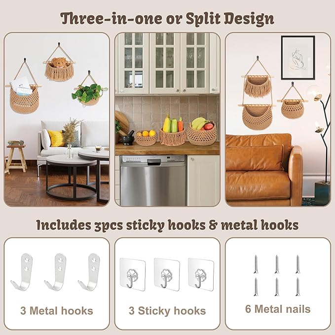 3 Tier Hanging Fruit Basket for Kitchen, Handmade Woven Cotton Hanging Wall Basket for Fruit Vegetable with 6 Hooks, Boho Style Over The Door Organizer for Living Bathroom Bedroom