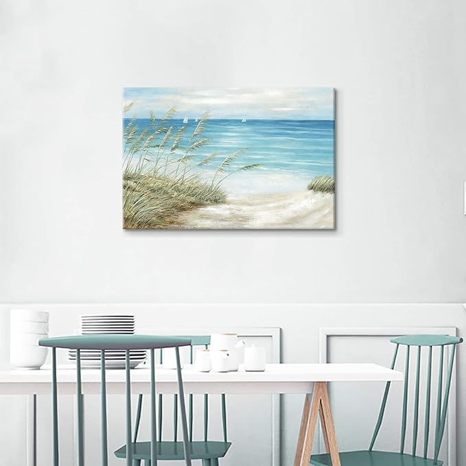 Beach Coastal Canvas Wall Art: Sea Reed Hand Painting Vintage Abstract Blue Ocean Boat Nautical Pictures Modern Seascape Grass Path Artwork Decor for Bathroom Bedroom
