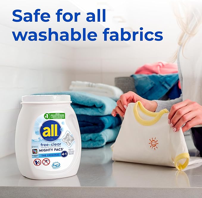 All Mighty Pacs Laundry Detergent, Free Clear for Sensitive Skin, Tub, 60 Count
