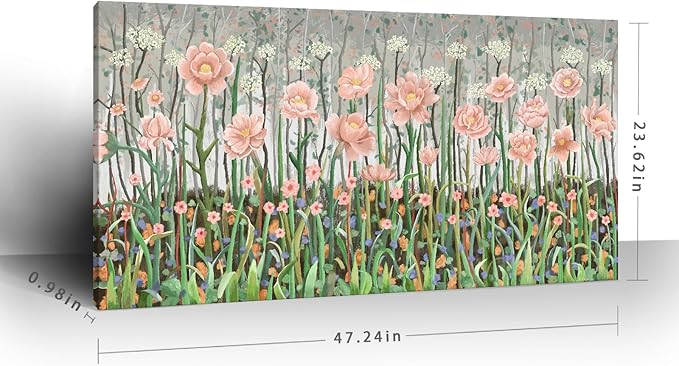 amatop Large Floral Wall Art Modern Abstract Flower Field Canvas Picture Botanical Artwork Rustic Wall Decor for Living Room Bedroom Pink Green Blooming Wildflower Forest Nature Art Print 48x24in