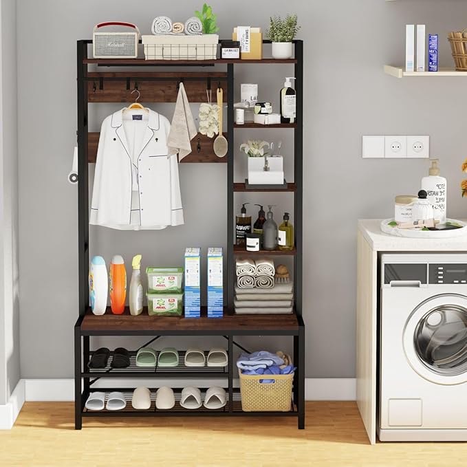 BON AUGURE Hall Tree with Shoe Storage, 5-in-1 Reversible Entryway Bench with Coat Hooks for Hallway, Rustic Wood and Metal Coat Rack with Shelves for Mudroom (Rustic Oak)