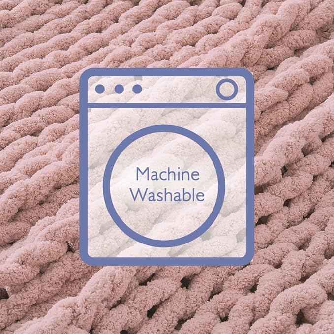 Bigacogo Chunky Knit Throw Blanket for Couch, 51x63 inches, 100% Hand Knitted with Thick Jumbo Chenille Yarn, Cozy Soft Large Rope Knot Cable Crochet Blankets for Sofa Bed Living Room, Dusty Pink