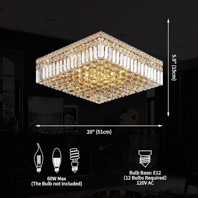 12-Lights Gold Crystal Flush Mount Ceiling Light Fixtures,Elegant Crystal Chandelier Pendant Ceiling Lamp for Bedroom,Living Room,Dining Room,Hallway H5.9 x W20 x L20 (Bulb Not Included) Square